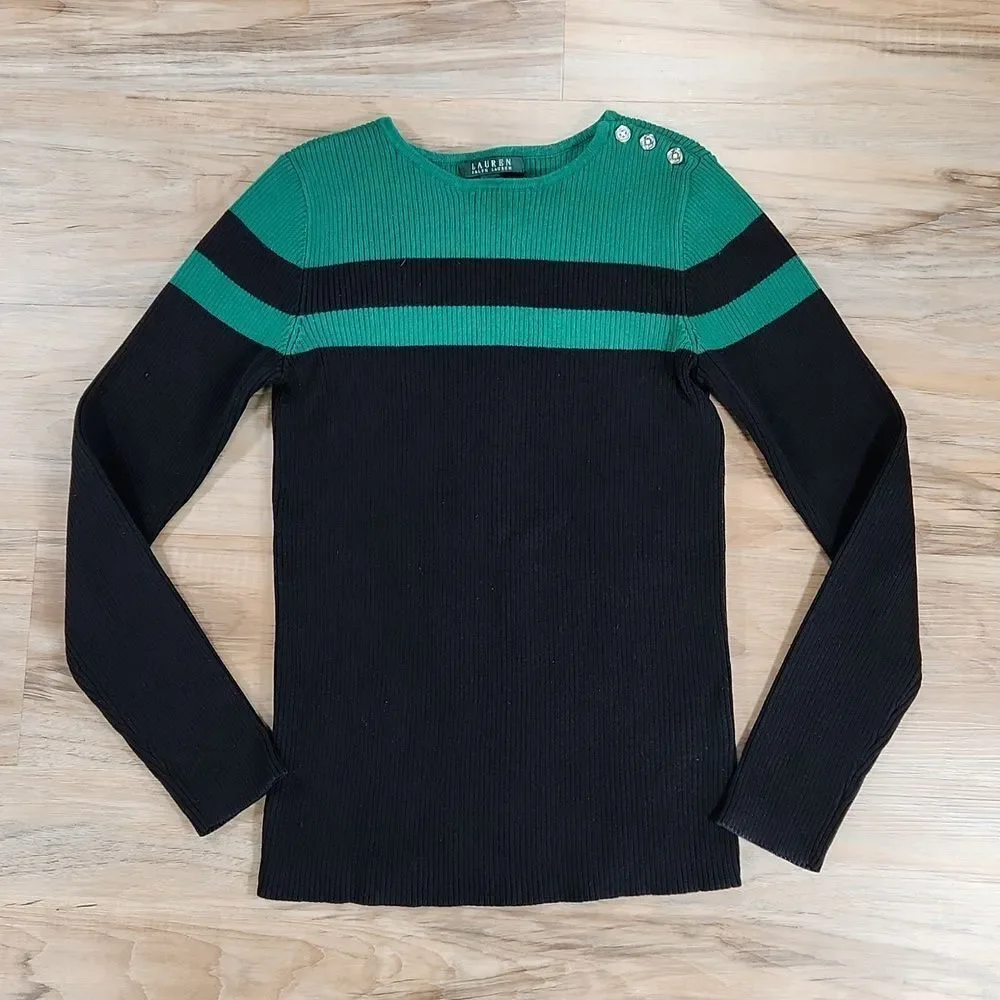 🔺️Ralph Lauren Green & Black Colorblock Gold Buttoned Shoulder Sweater Small